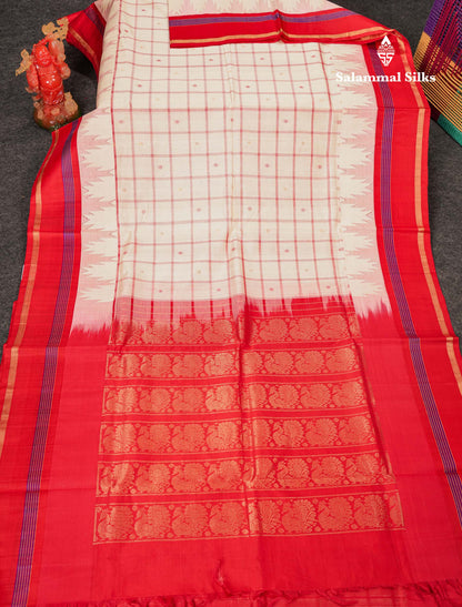 Beautiful Dual Tone Pinkish Peach Checks With Butta Silk Cotton Saree With Contrast Bottle Green Traditional Temple & Gap Border