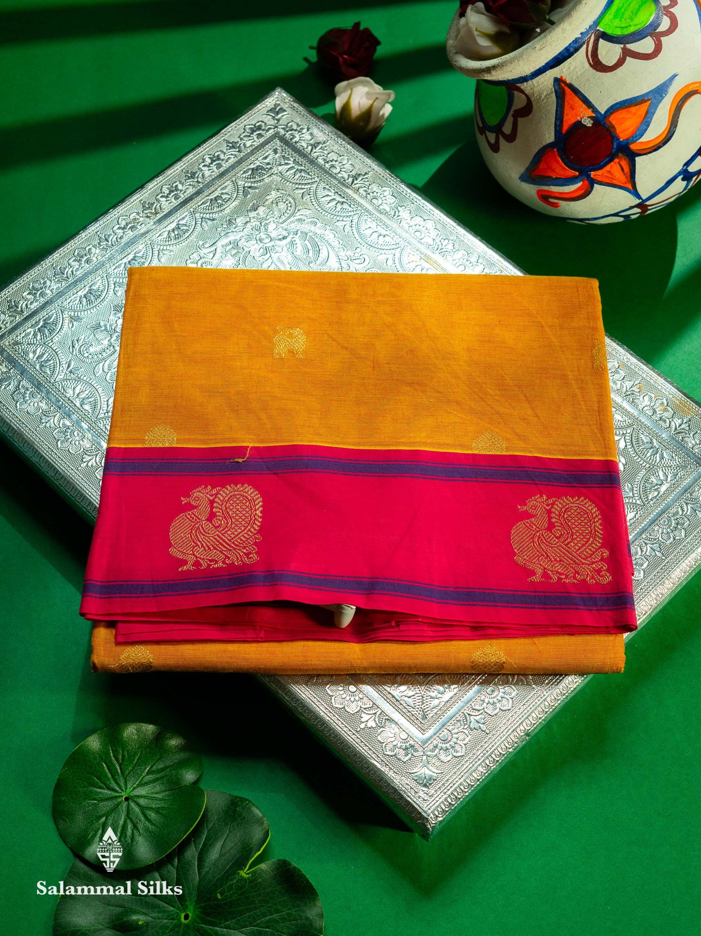 Parrot Green Beautiful Pure Cotton With Magenta Rose Border