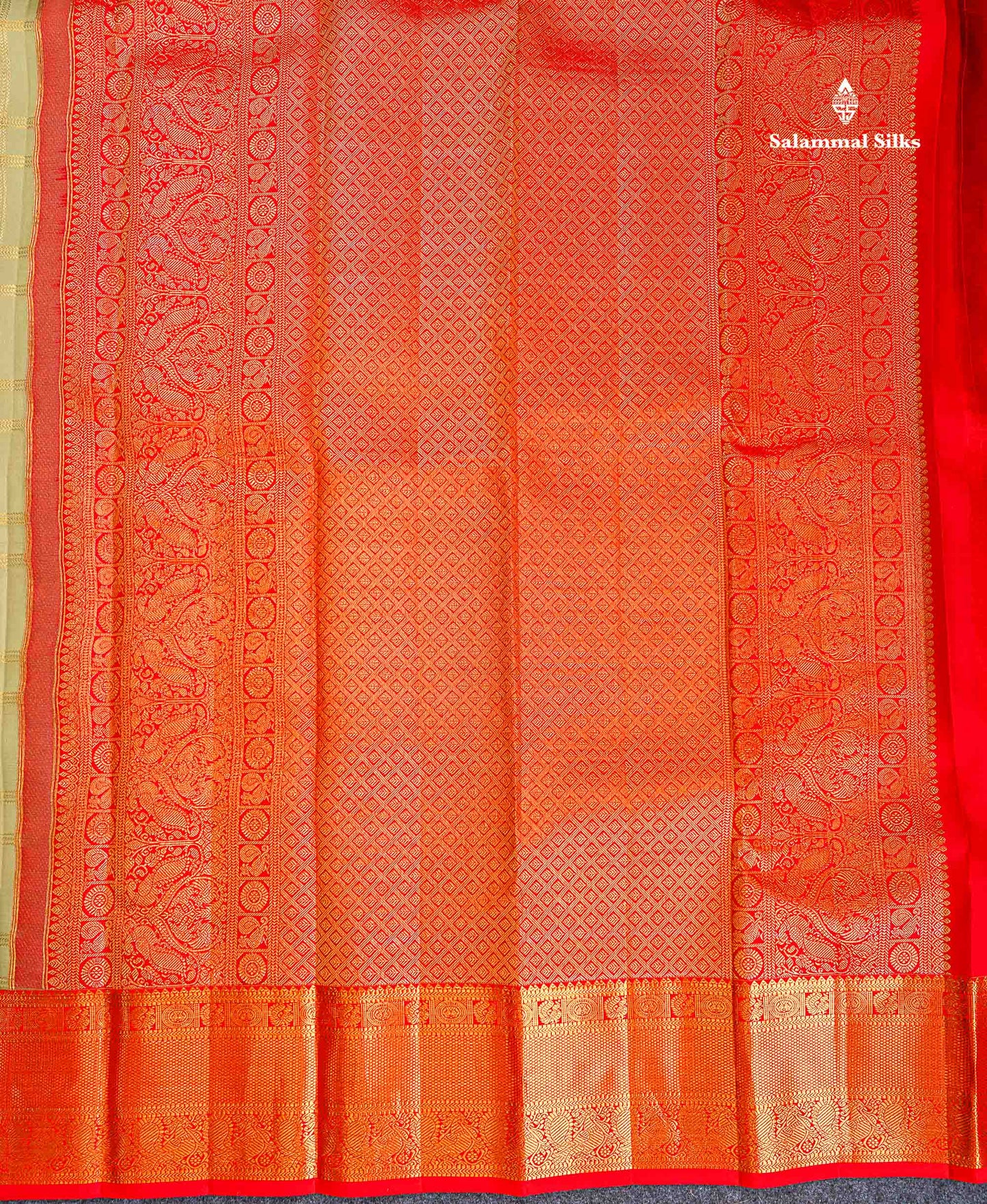Korvai Pure Kanjivaram Silk Saree - Pista Green Colour Body Checks With Butta & Contrast Chilly Red Traditional Border