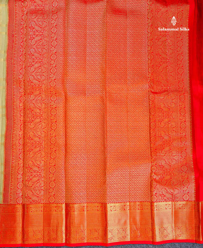 Korvai Pure Kanjivaram Silk Saree - Pista Green Colour Body Checks With Butta & Contrast Chilly Red Traditional Border