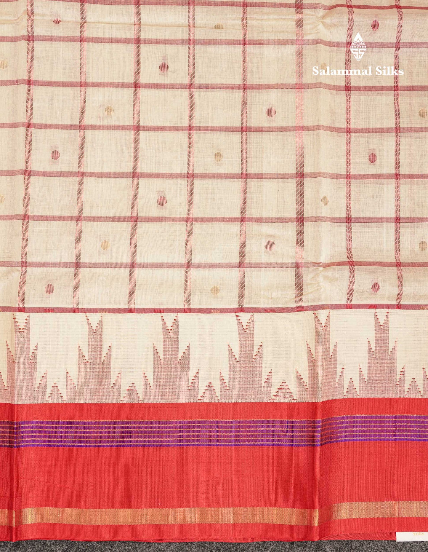 Beautiful Dual Tone Pinkish Peach Checks With Butta Silk Cotton Saree With Contrast Bottle Green Traditional Temple & Gap Border