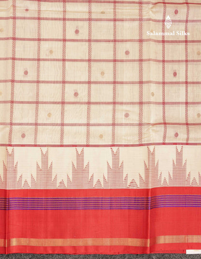Beautiful Dual Tone Pinkish Peach Checks With Butta Silk Cotton Saree With Contrast Bottle Green Traditional Temple & Gap Border