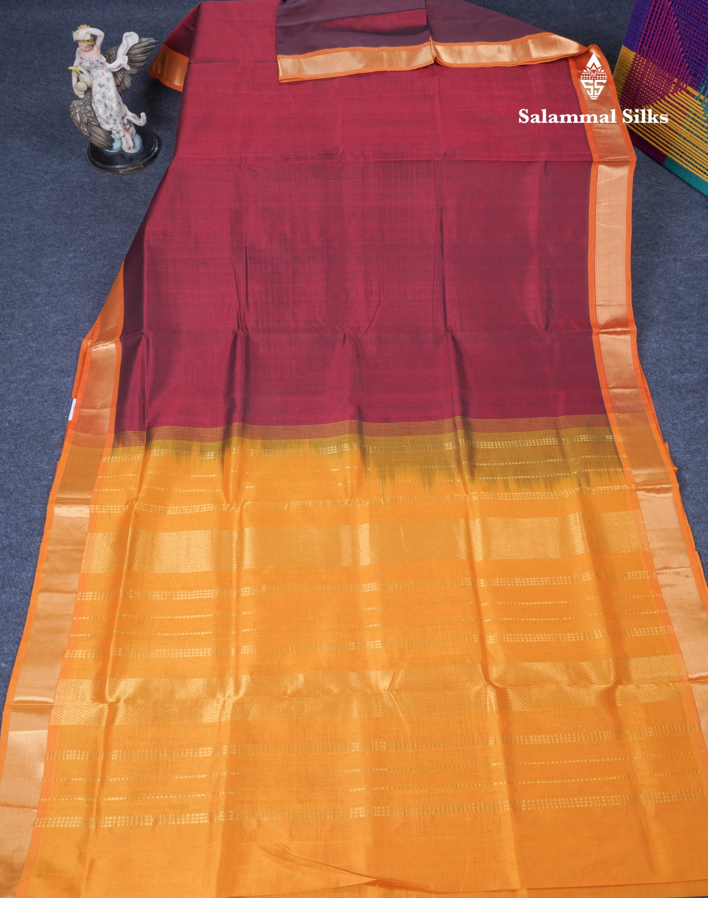 Dark Maroon Plain Pure Silk Cotton Saree With Contrast Mustard Yellow Blouse