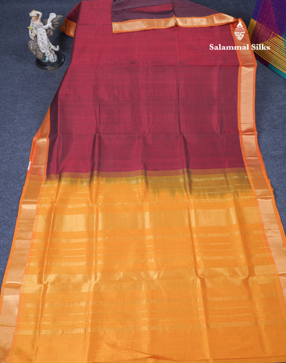 Dark Maroon Plain Pure Silk Cotton Saree With Contrast Mustard Yellow Blouse