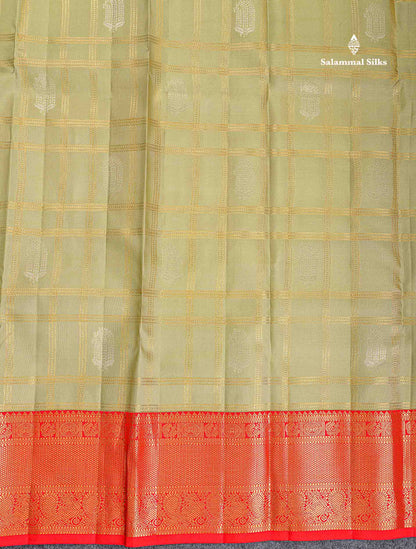 Korvai Pure Kanjivaram Silk Saree - Pista Green Colour Body Checks With Butta & Contrast Chilly Red Traditional Border
