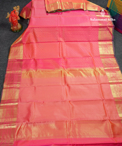 Beautiful Dual Tone Pinkish Orange Vaira Oosi Lines With Butta Pure Kanjivaram Silk Saree With Traditional Border