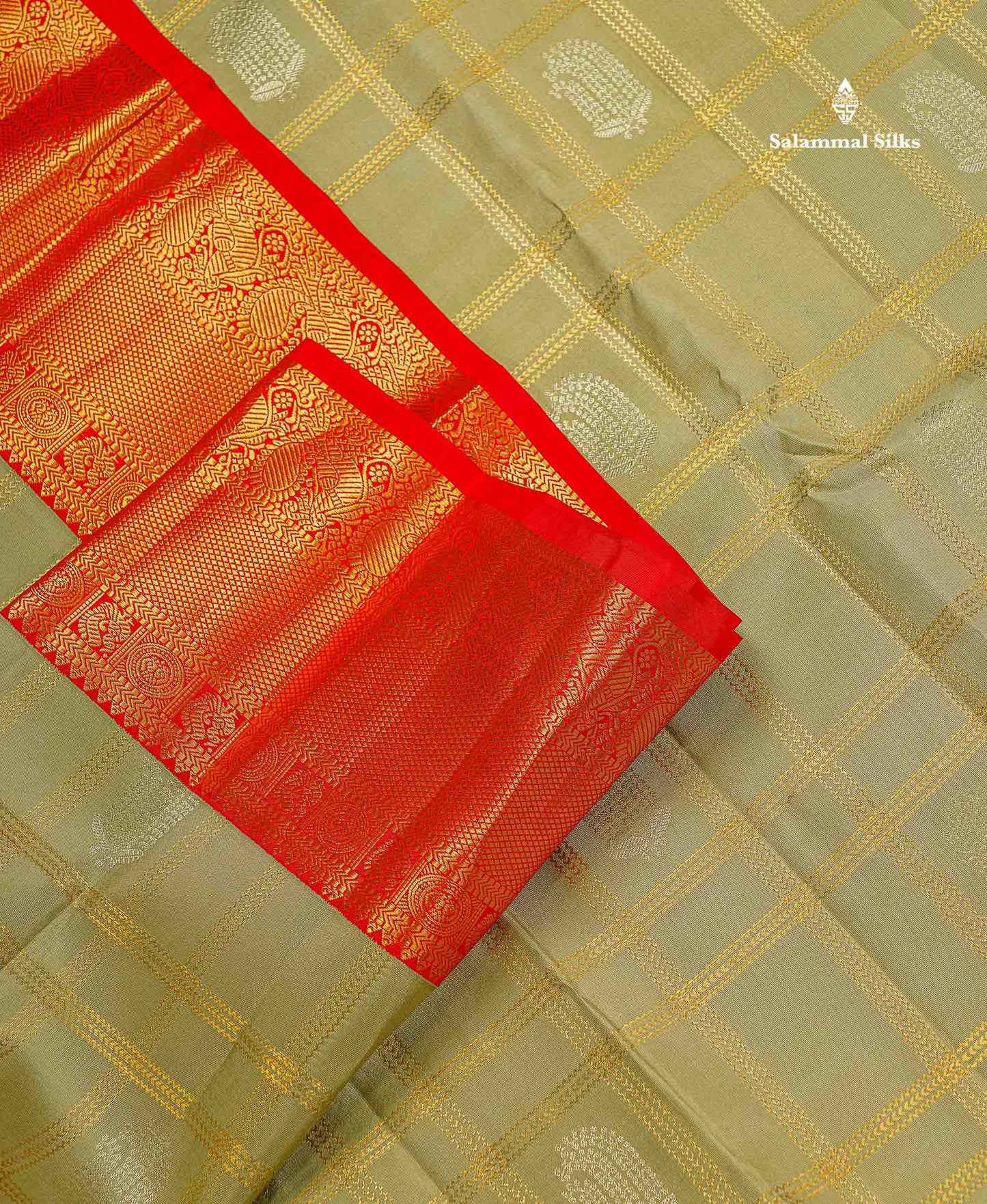 Korvai Pure Kanjivaram Silk Saree - Pista Green Colour Body Checks With Butta & Contrast Chilly Red Traditional Border