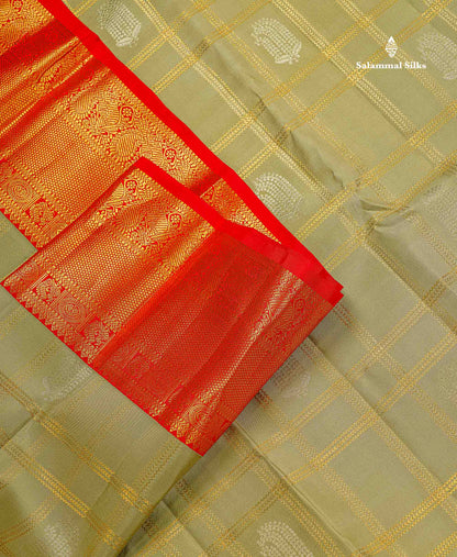 Korvai Pure Kanjivaram Silk Saree - Pista Green Colour Body Checks With Butta & Contrast Chilly Red Traditional Border