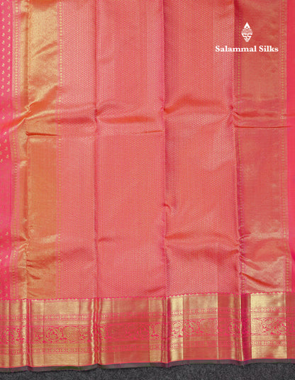 Beautiful Dual Tone Pinkish Orange Vaira Oosi Lines With Butta Pure Kanjivaram Silk Saree With Traditional Border