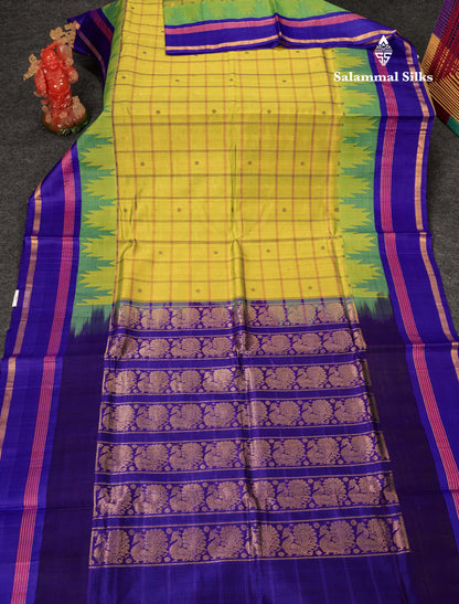 Beautiful Dual Tone Pinkish Peach Checks With Butta Silk Cotton Saree With Contrast Bottle Green Traditional Temple & Gap Border