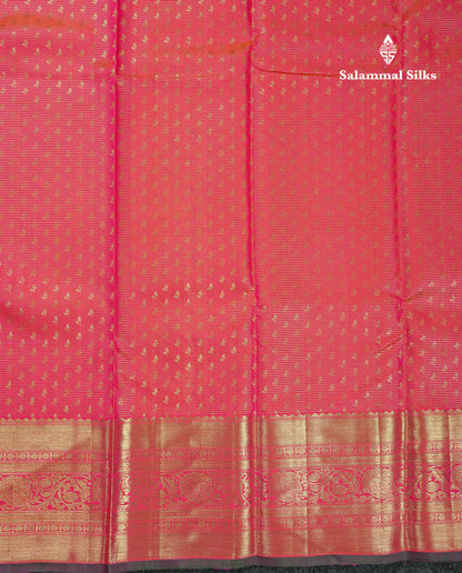 Beautiful Dual Tone Pinkish Orange Vaira Oosi Lines With Butta Pure Kanjivaram Silk Saree With Traditional Border