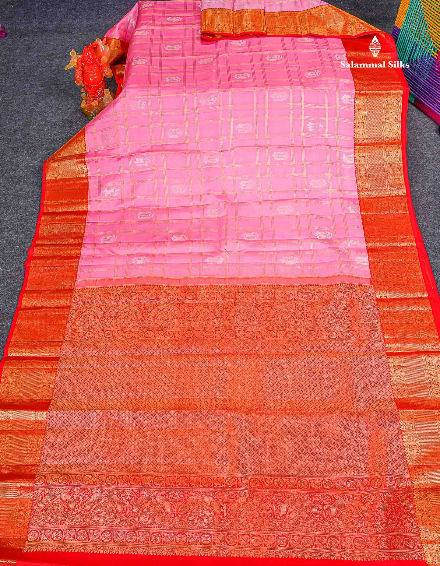 Korvai Pure Kanjivaram Silk Saree - Light Pink Colour Body Checks With Butta & Contrast Chilly Red Traditional Border 