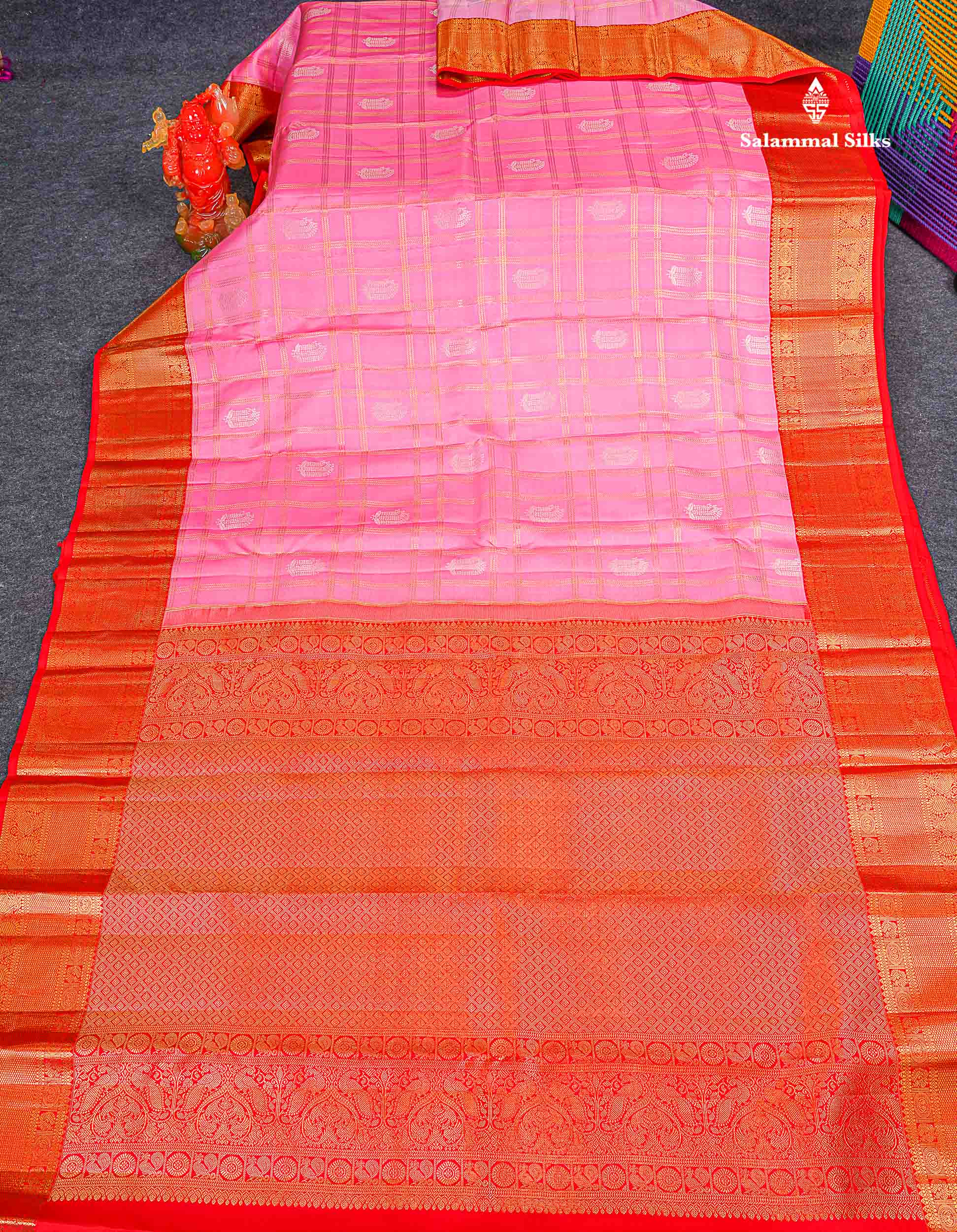 Korvai Pure Kanjivaram Silk Saree - Light Pink Colour Body Checks With Butta & Contrast Chilly Red Traditional Border 