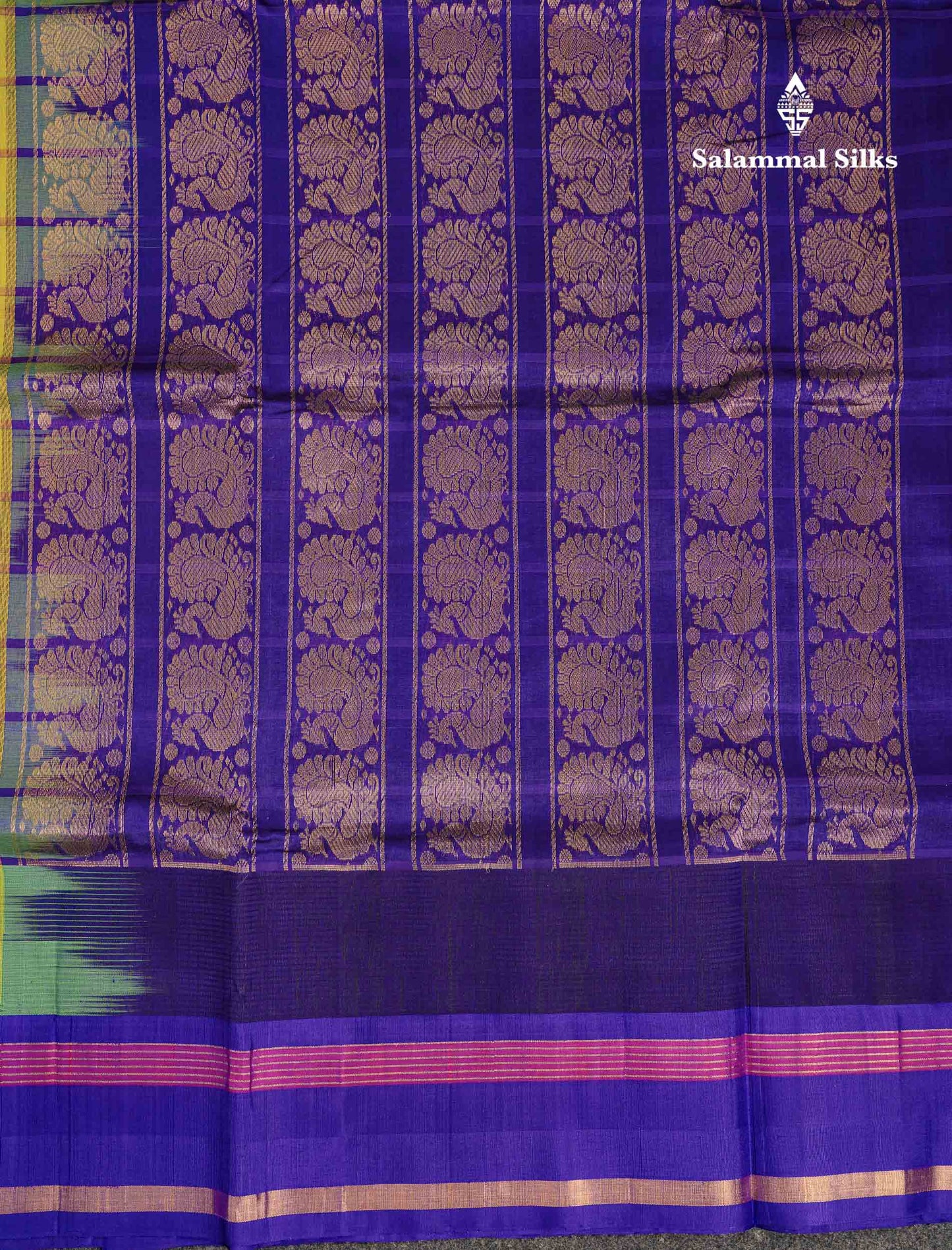 Beautiful Dual Tone Pinkish Peach Checks With Butta Silk Cotton Saree With Contrast Bottle Green Traditional Temple & Gap Border