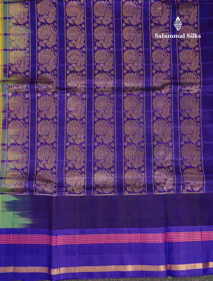 Beautiful Dual Tone Pinkish Peach Checks With Butta Silk Cotton Saree With Contrast Bottle Green Traditional Temple & Gap Border