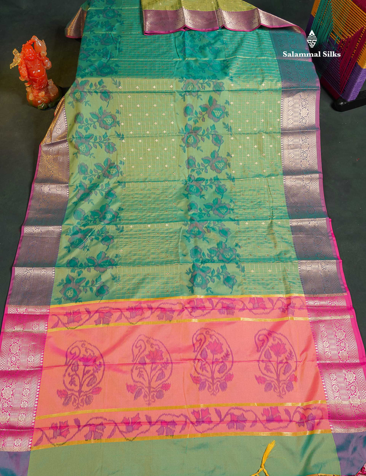 Semi Silk Saree - Sapphire Green Colour Body Pochampally Design With Contrast Pink Blouse
