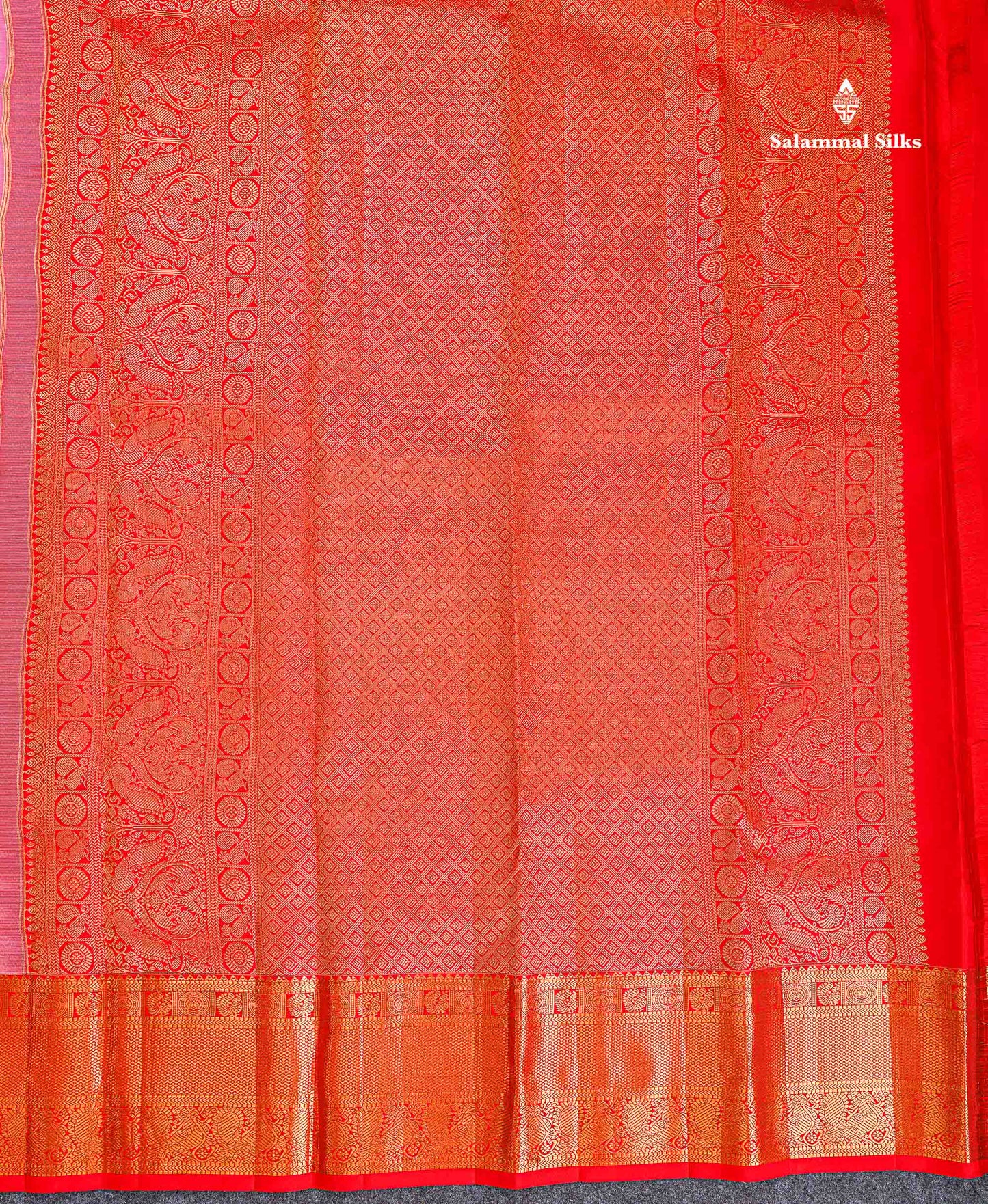Korvai Pure Kanjivaram Silk Saree - Light Pink Colour Body Checks With Butta & Contrast Chilly Red Traditional Border