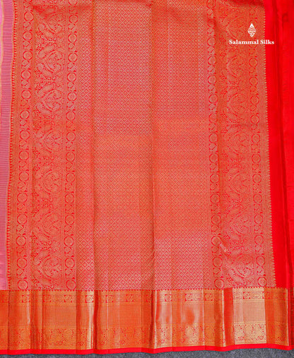 Korvai Pure Kanjivaram Silk Saree - Light Pink Colour Body Checks With Butta & Contrast Chilly Red Traditional Border