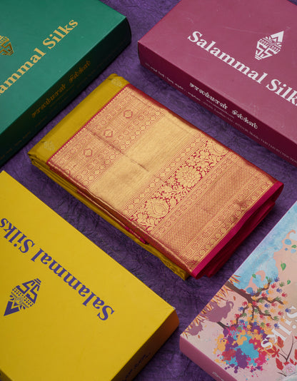 Beautiful Manthulir Yellow Pure Kanjivaram Silk Saree With Contrast Pink Traditional Evening Morning Border