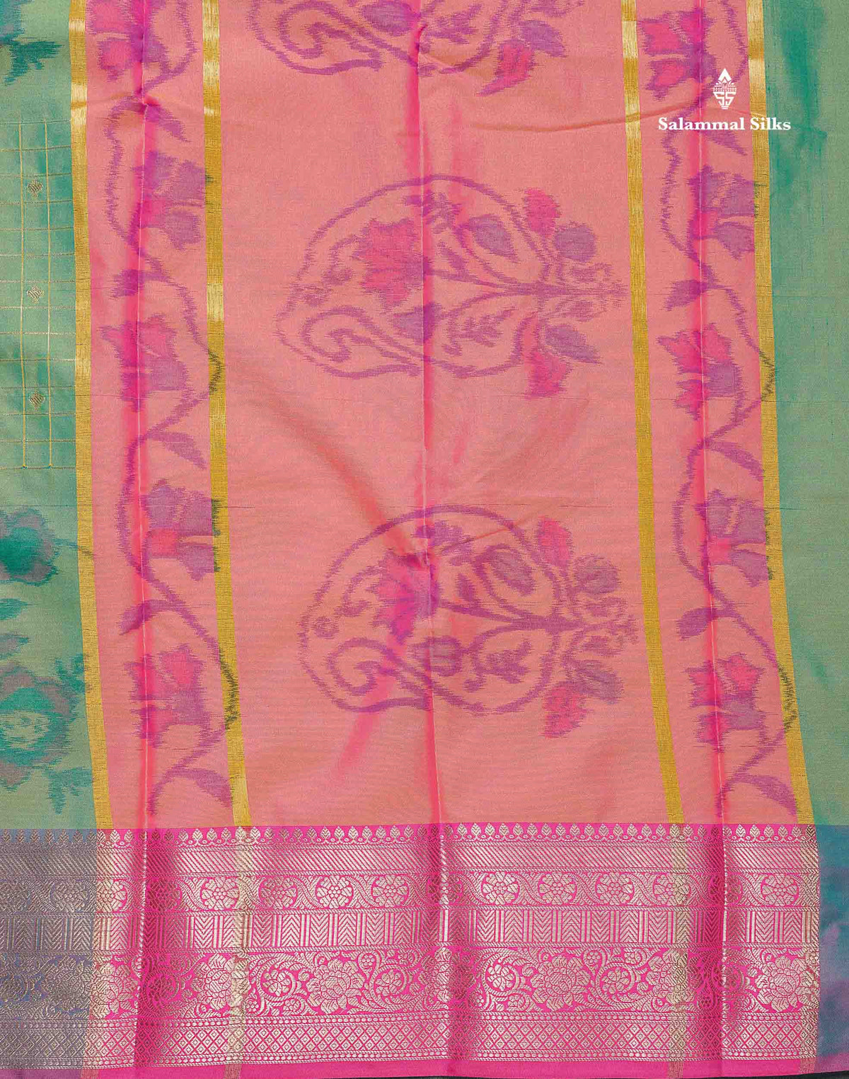 Semi Silk Saree - Dual Tone Blue Colour Body Pochampally Design With Contrast Pink Blouse
