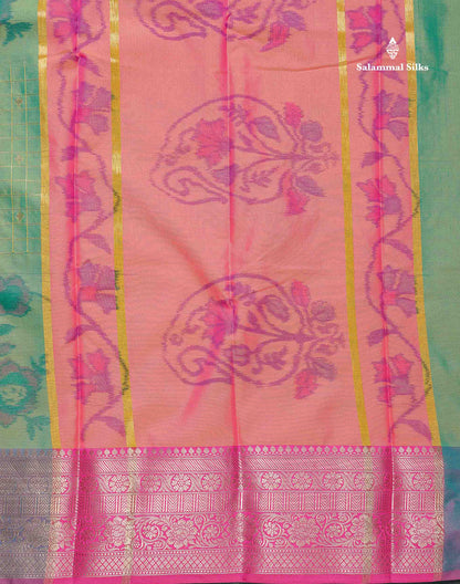 Semi Silk Saree - Dual Tone Blue Colour Body Pochampally Design With Contrast Pink Blouse