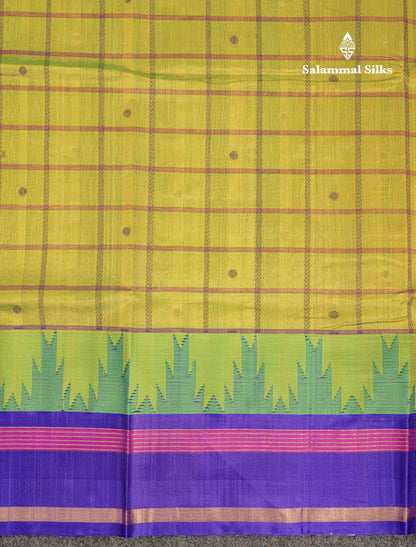 Beautiful Dual Tone Pinkish Peach Checks With Butta Silk Cotton Saree With Contrast Bottle Green Traditional Temple & Gap Border