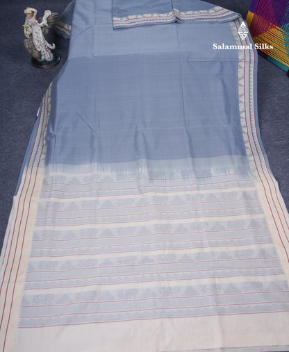 Blueish Grey Thread Work Plain Pure Silk Cotton Saree With Contrast Beige Blouse