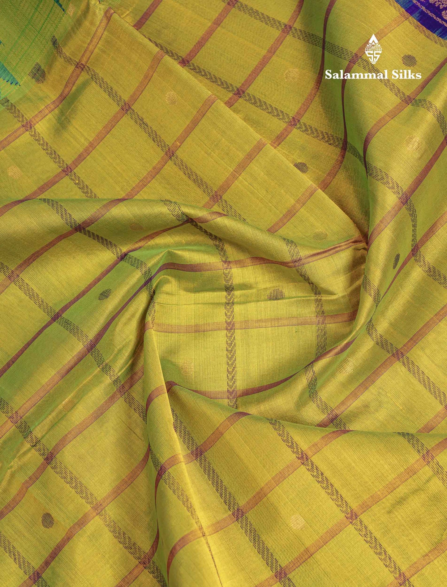 Beautiful Dual Tone Pinkish Peach Checks With Butta Silk Cotton Saree With Contrast Bottle Green Traditional Temple & Gap Border
