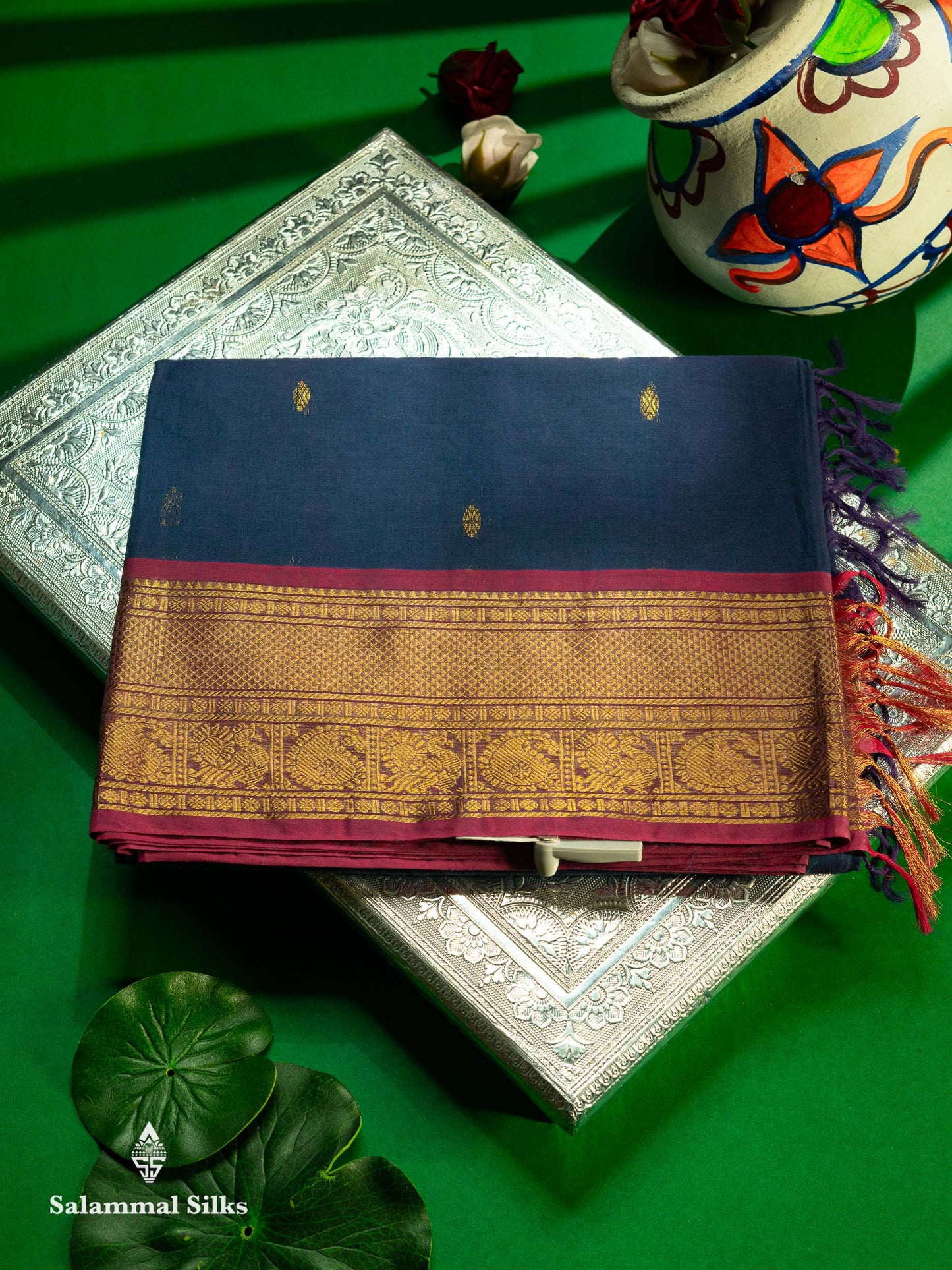 Beautiful Parrot Green Pure Cotton Saree With Contrast Pink Traditional Border