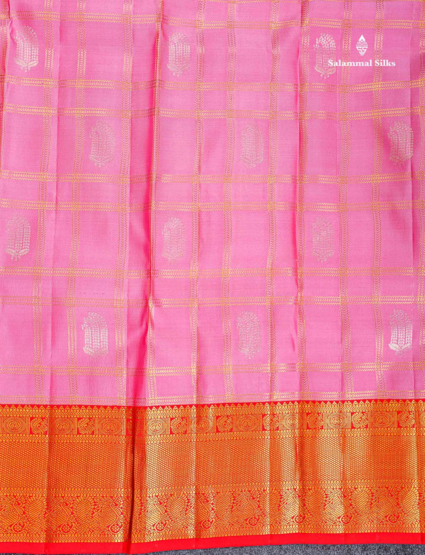Korvai Pure Kanjivaram Silk Saree - Light Pink Colour Body Checks With Butta & Contrast Chilly Red Traditional Border