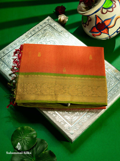 Beautiful Orange Pure Cotton Saree With Contrast Parrot Green Traditional Border