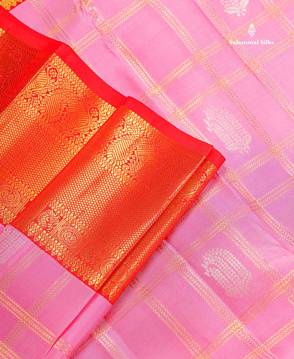 Korvai Pure Kanjivaram Silk Saree - Light Pink Colour Body Checks With Butta & Contrast Chilly Red Traditional Border