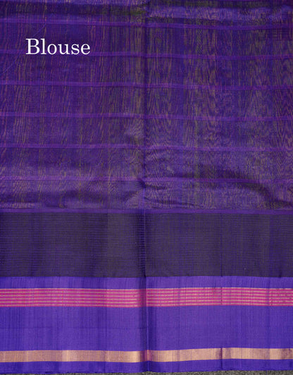 Beautiful Dual Tone Pinkish Peach Checks With Butta Silk Cotton Saree With Contrast Bottle Green Traditional Temple & Gap Border
