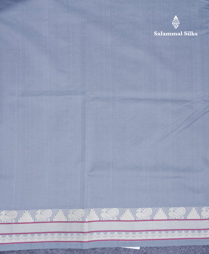 Blueish Grey Thread Work Plain Pure Silk Cotton Saree With Contrast Beige Blouse