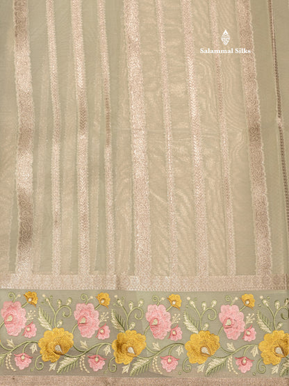 Pista Green Colour Semi Organza Saree With Embroidery Border