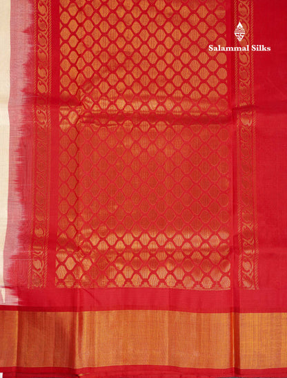 Beautiful Half White Plain Pure Silk Cotton Saree With Contrast Red Traditional Border