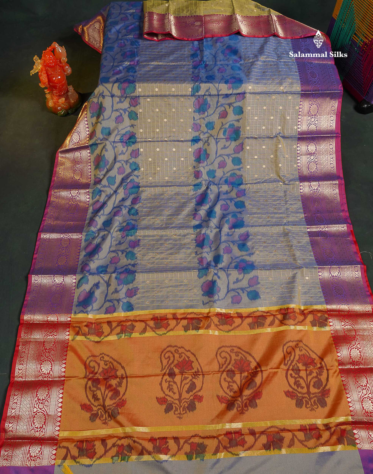 Semi Silk Saree - Dual Tone Blue Colour Body Pochampally Design With Contrast Brown Blouse 