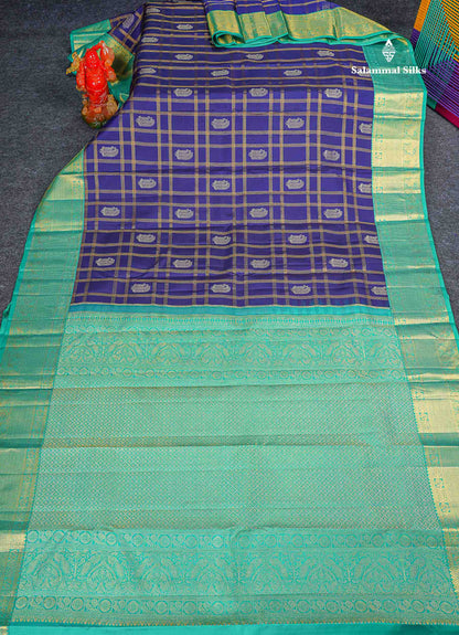 Korvai Pure Kanjivaram Silk Saree - Navy Blue Colour Body Checks With Butta & Contrast Teal Green Traditional Border 