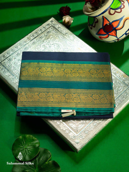 Beautiful Navy Blue Pure Cotton Saree With Contrast Sapphire Green Traditional Gap Border