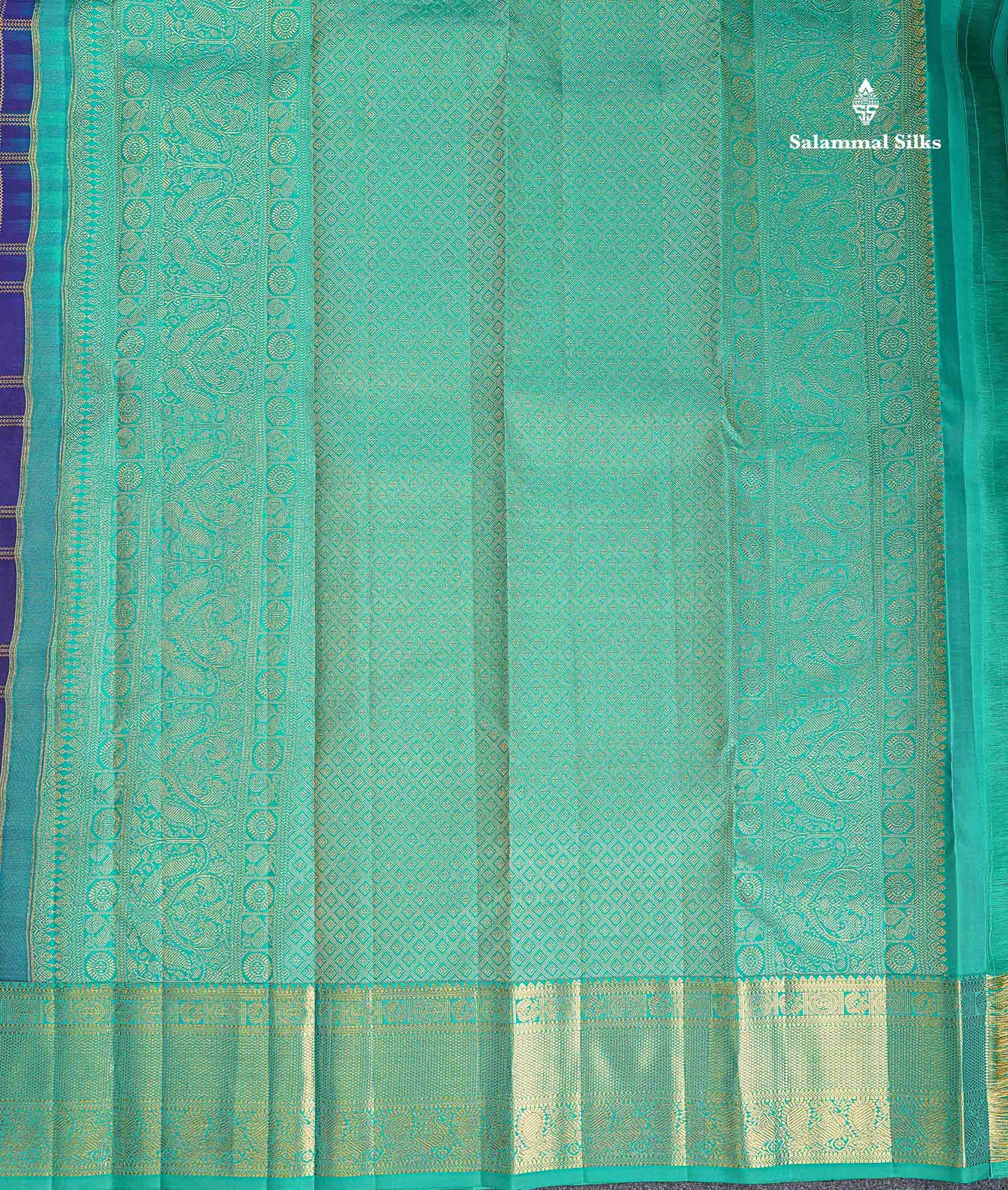 Korvai Pure Kanjivaram Silk Saree - Navy Blue Colour Body Checks With Butta & Contrast Teal Green Traditional Border