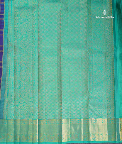 Korvai Pure Kanjivaram Silk Saree - Navy Blue Colour Body Checks With Butta & Contrast Teal Green Traditional Border