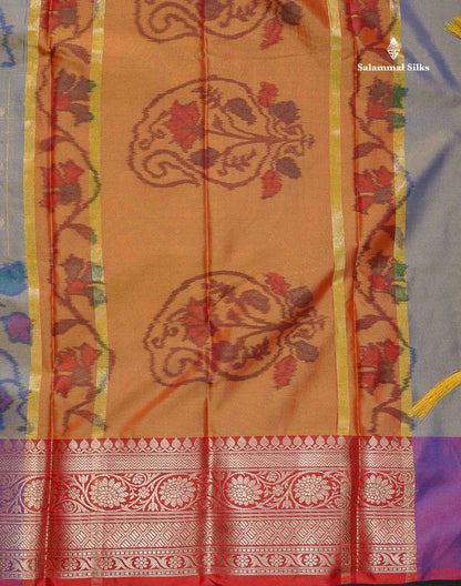 Semi Silk Saree - Dual Tone Blue Colour Body Pochampally Design With Contrast Brown Blouse