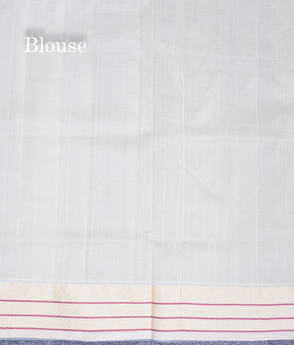 Blueish Grey Thread Work Plain Pure Silk Cotton Saree With Contrast Beige Blouse