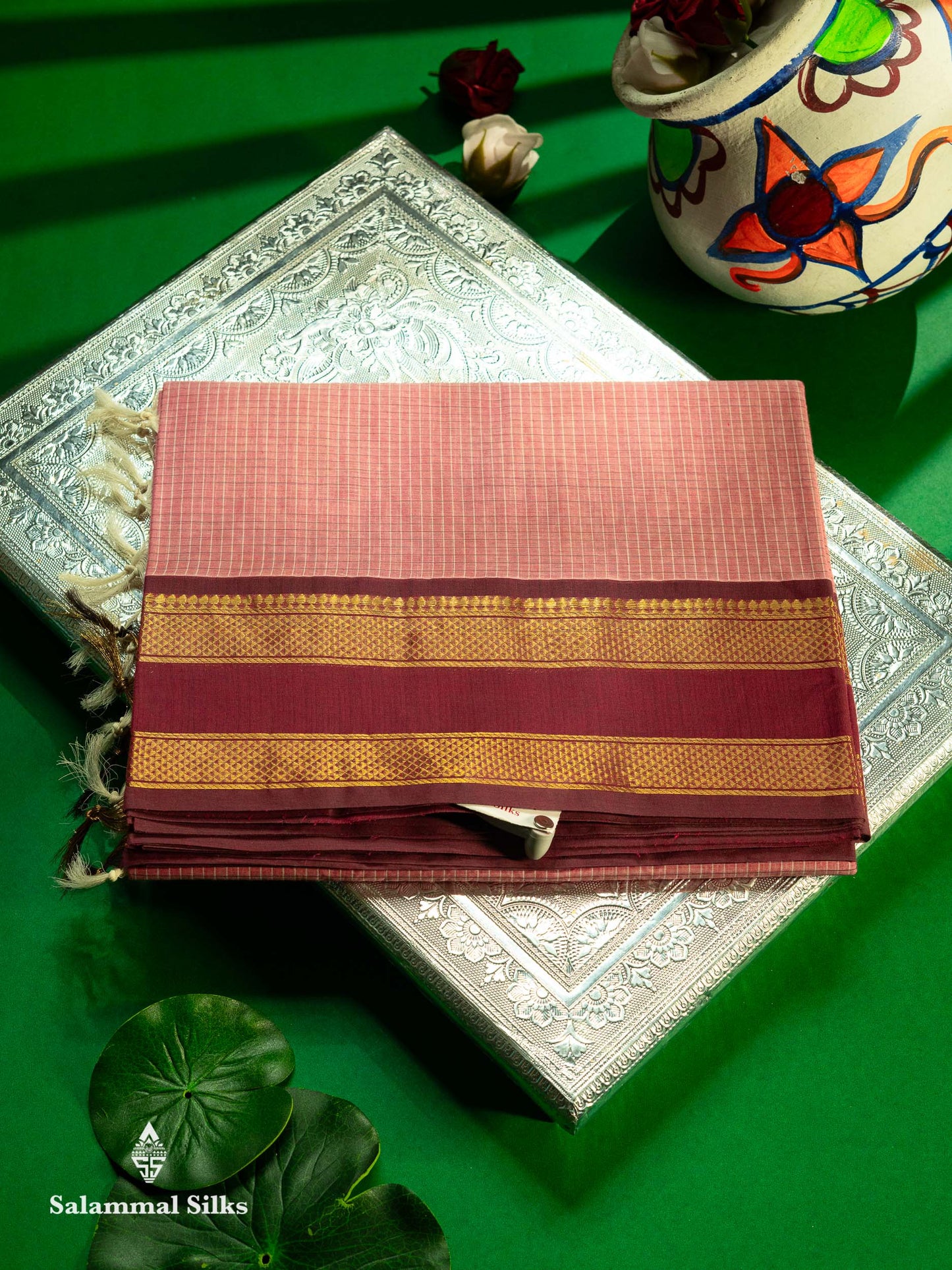 Beautiful Onion Pink Small Checks Pure Cotton Saree With Contrast Dual Tone Magenta Traditional Gap Border