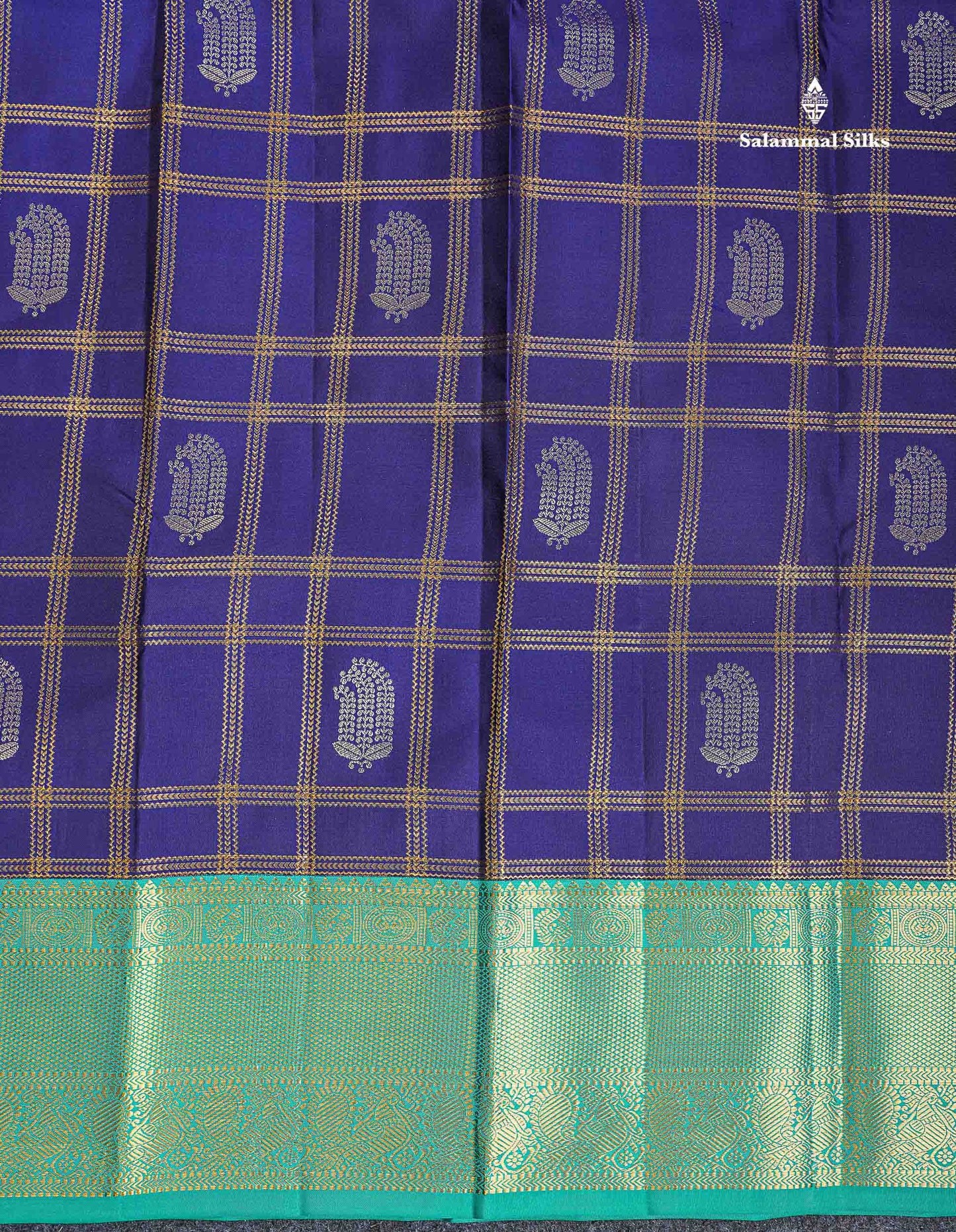 Korvai Pure Kanjivaram Silk Saree - Navy Blue Colour Body Checks With Butta & Contrast Teal Green Traditional Border