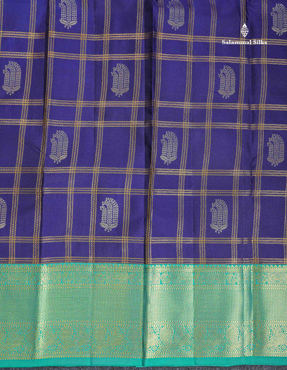 Korvai Pure Kanjivaram Silk Saree - Navy Blue Colour Body Checks With Butta & Contrast Teal Green Traditional Border