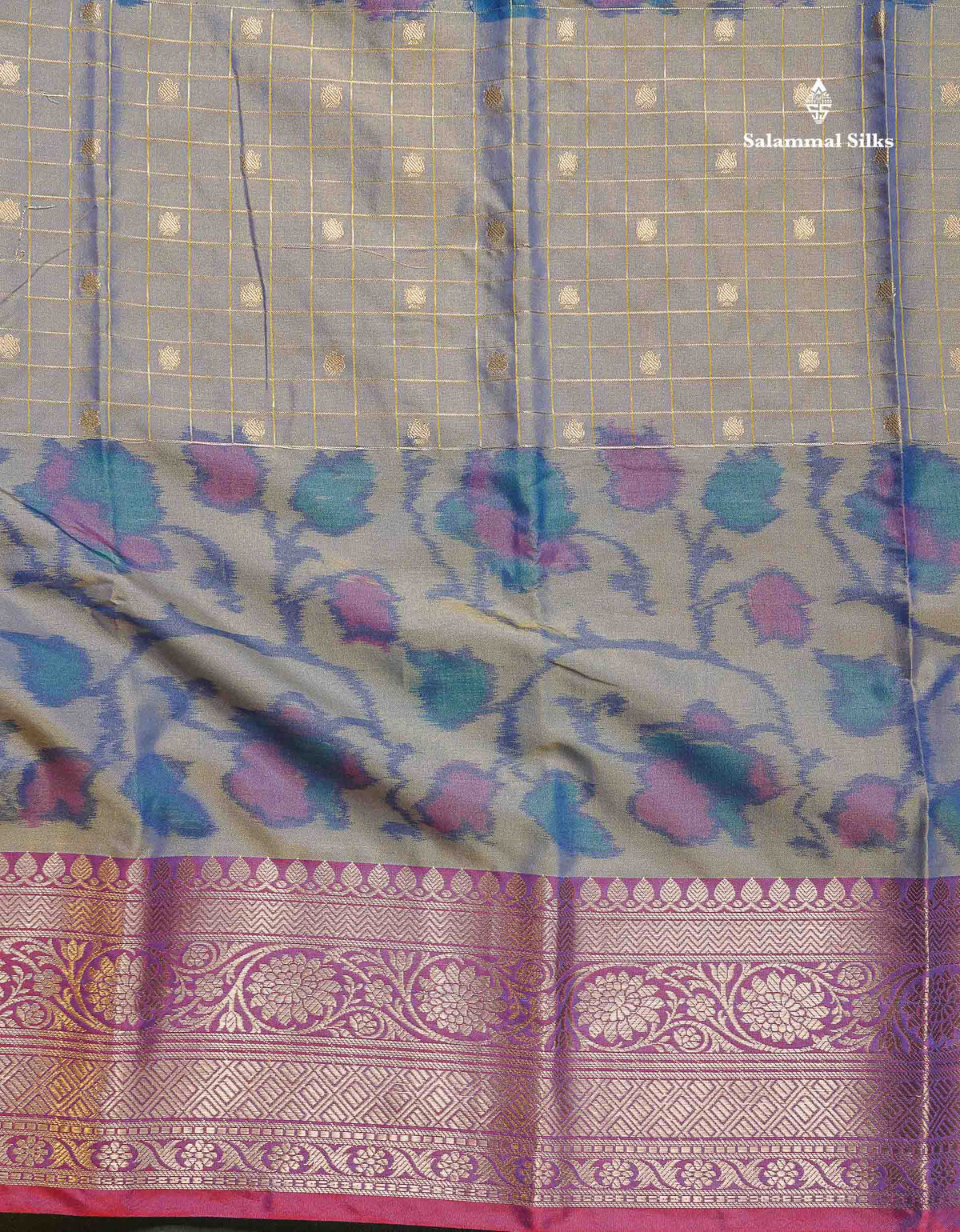 Semi Silk Saree - Dual Tone Blue Colour Body Pochampally Design With Contrast Brown Blouse