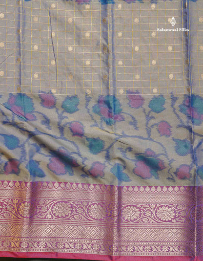 Semi Silk Saree - Dual Tone Blue Colour Body Pochampally Design With Contrast Brown Blouse