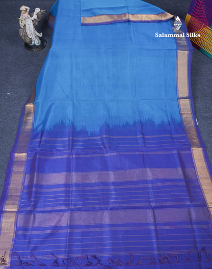 Ramar Blue Plain Pure Silk Cotton Saree With Contrast Royal Blue Blouse