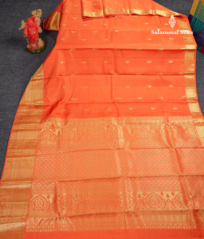 Beautiful Orange Pure Kanjivaram Silk Saree With Traditional Evening Morning Border